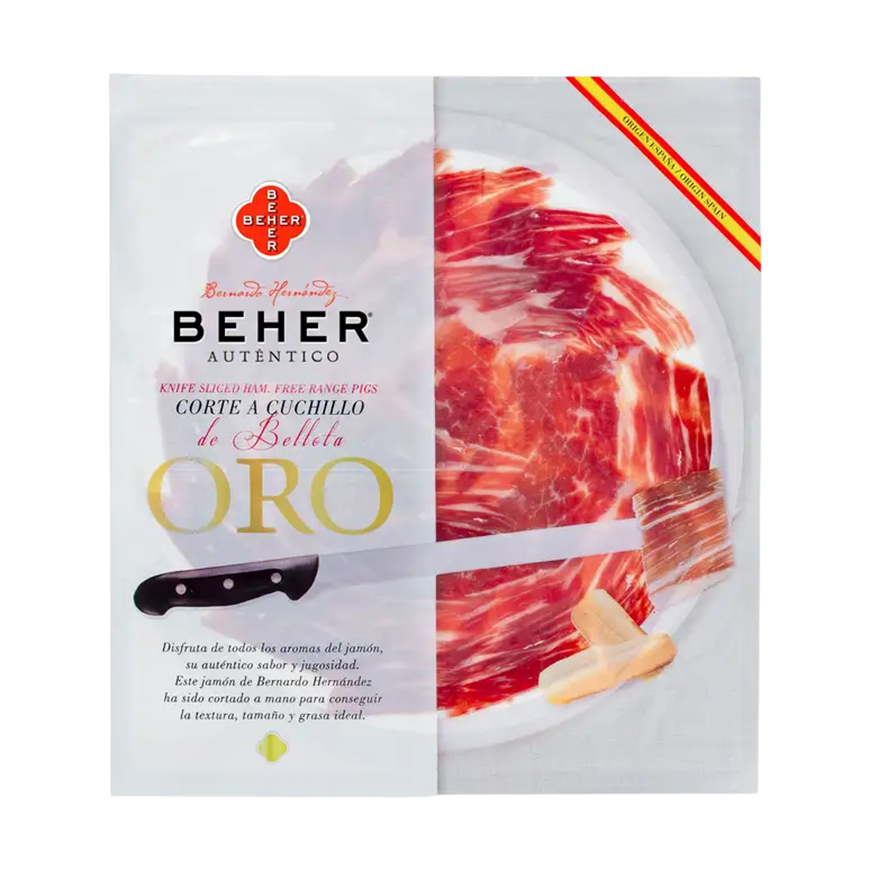 Beher Acorn Fed 100% ORO Iberian Ham Knife Sliced 90g Plate