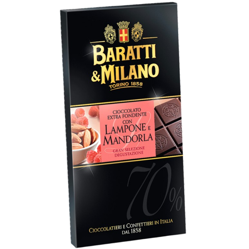 Baratti & Milano Chocolate Extra Dark 70% Raspberry Almond 75g